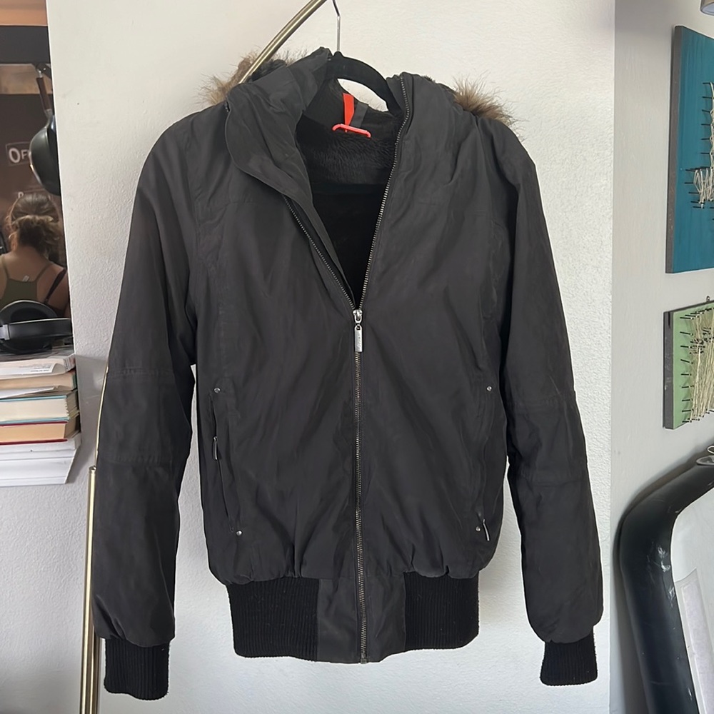 Faux fur lined dark gray bomber ski jacket